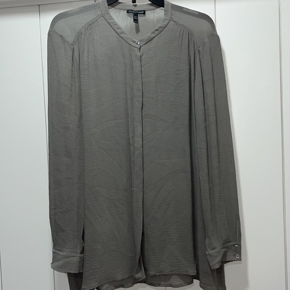 EILEEN FISHER Gray Crinkled Silk Semi-Sheer Button-Front Long Tunic Top Blouse M - Picture 2 of 5